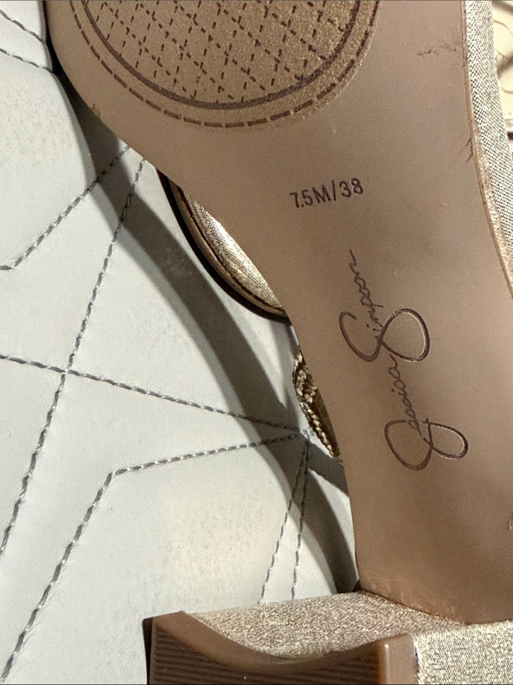 Jessica Simpson Metallic Gold Rhinestone Block Heel Sandals - Picture 11 of 11
